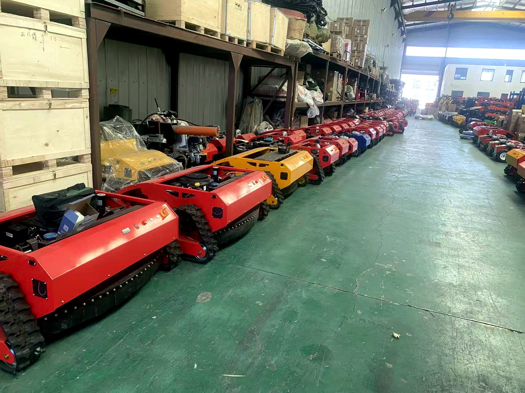 Remote mower factory production aisle