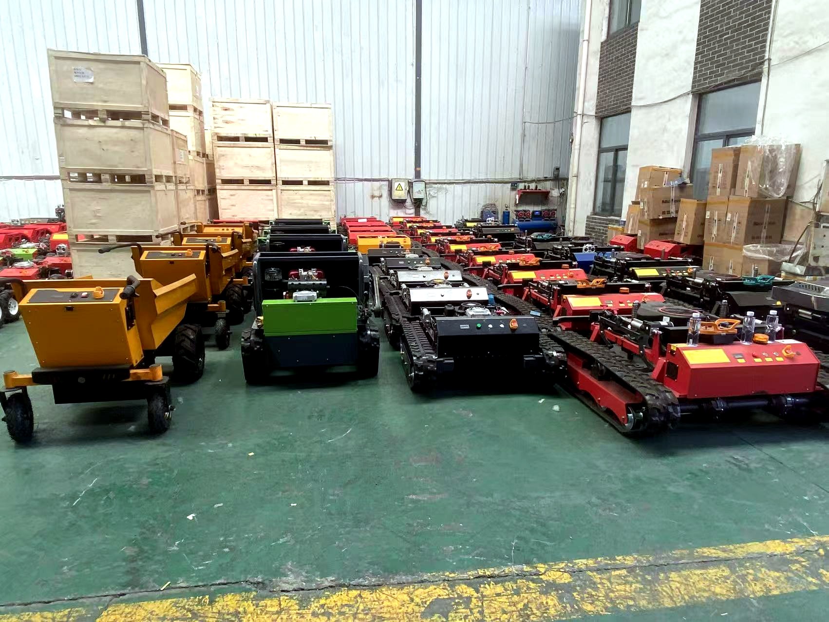 Remote mower factory packing area